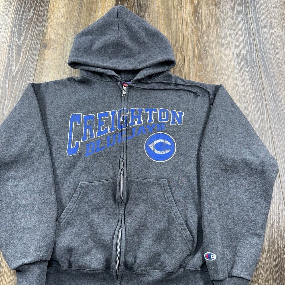 Vintage Creighton Bluejays Hoodie Mens M Gray Sweatshirt University Team Zip Up